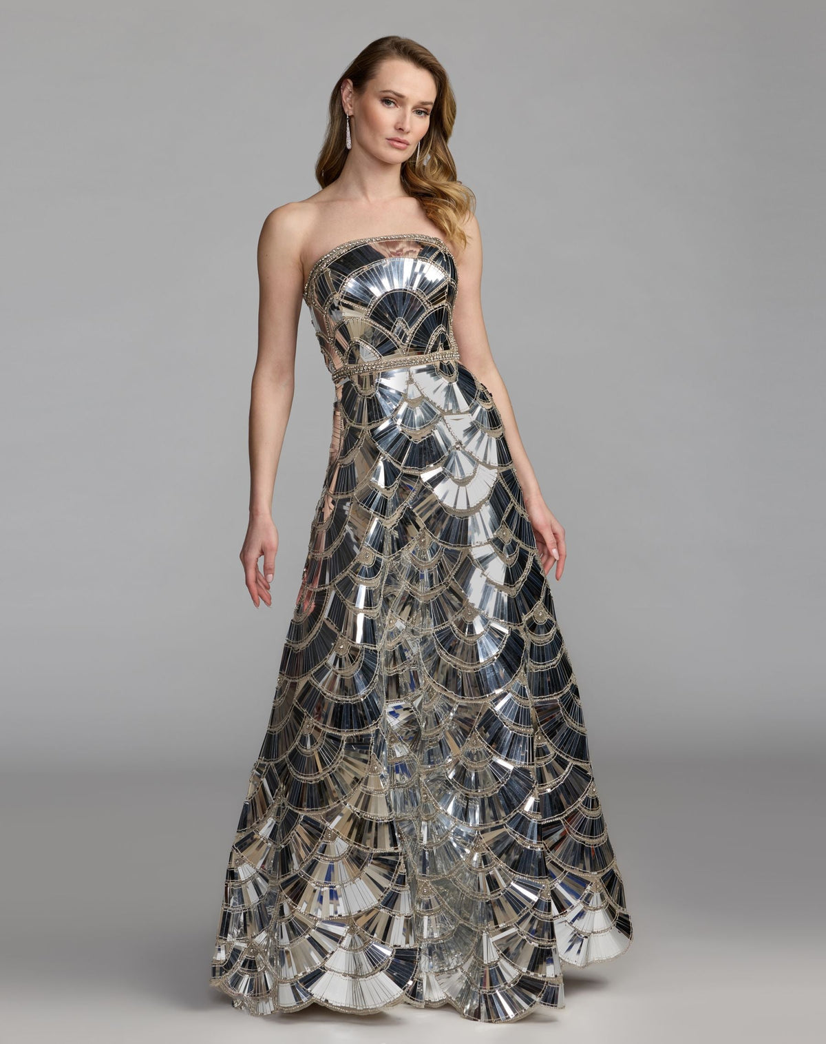 Mac Duggal Silver Hand Embellished Strapless Ball Gown