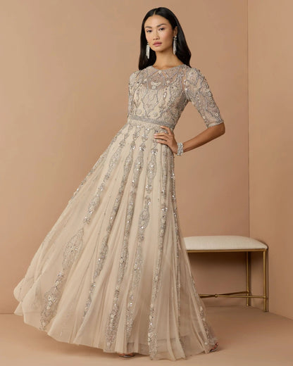 Mac Duggal Beige 3/4 Sleeve Embellished A-line Gown