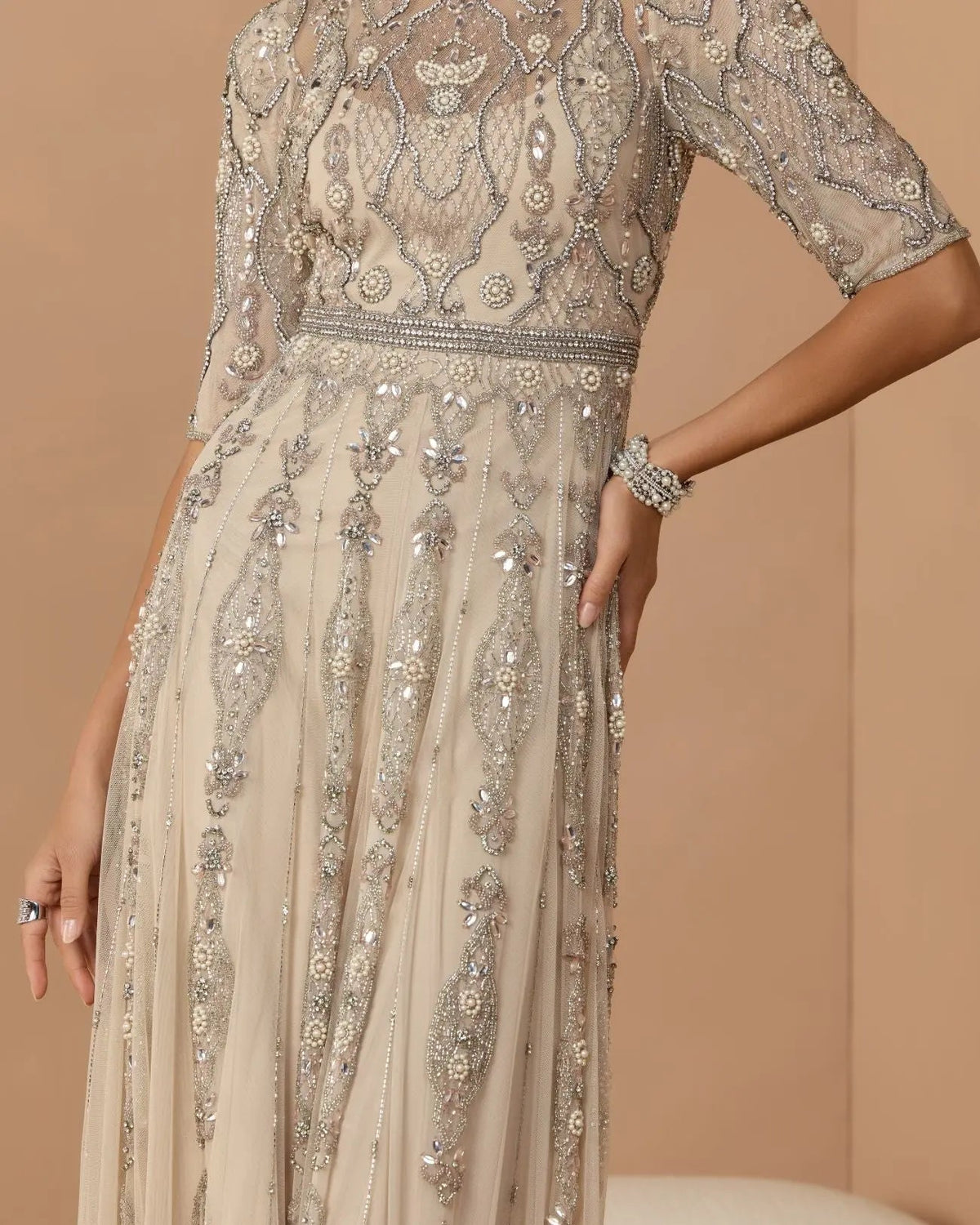 Mac Duggal Beige 3/4 Sleeve Embellished A-line Gown