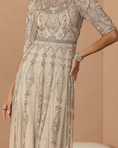 Mac Duggal Beige 3/4 Sleeve Embellished A-line Gown