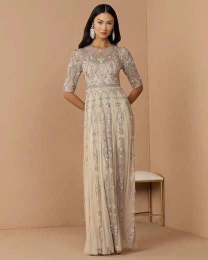 Mac Duggal Beige 3/4 Sleeve Embellished A-line Gown