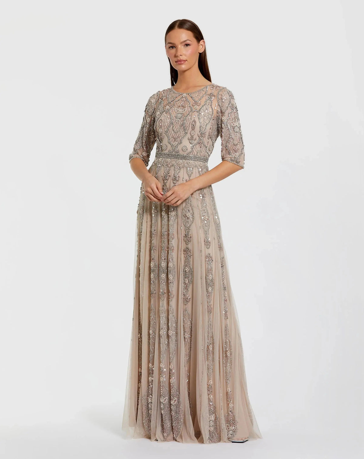 Mac Duggal Beige 3/4 Sleeve Embellished A-line Gown