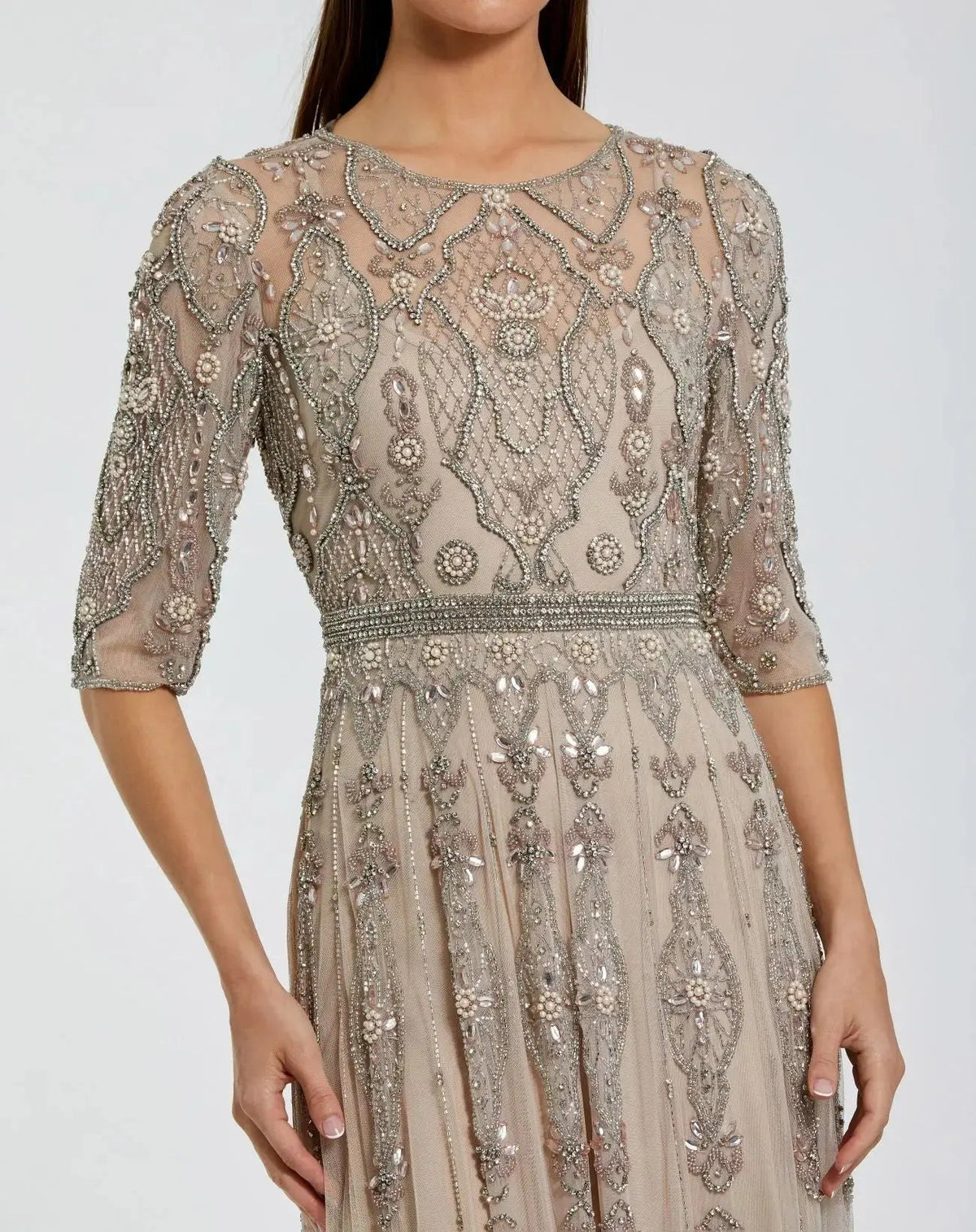 Mac Duggal Beige 3/4 Sleeve Embellished A-line Gown