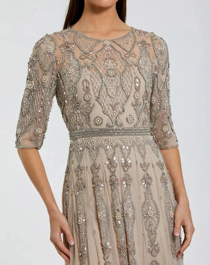 Mac Duggal Beige 3/4 Sleeve Embellished A-line Gown