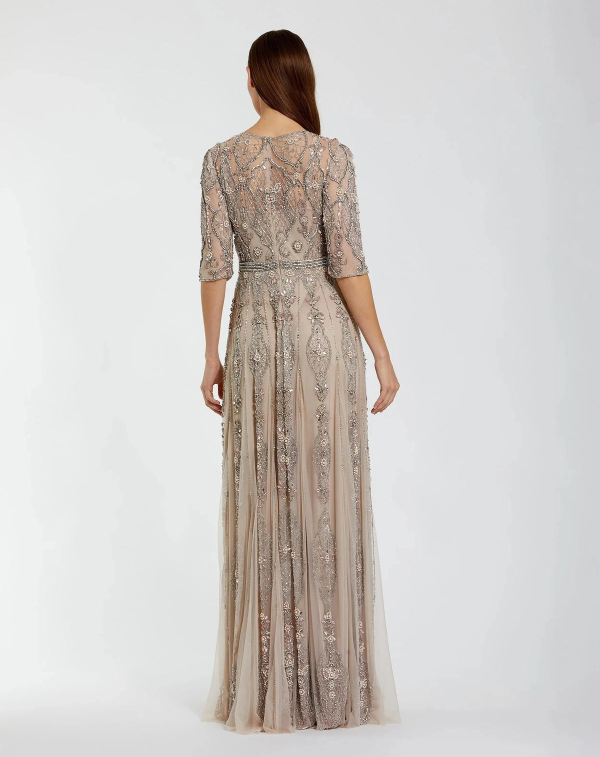 Mac Duggal Beige 3/4 Sleeve Embellished A-line Gown