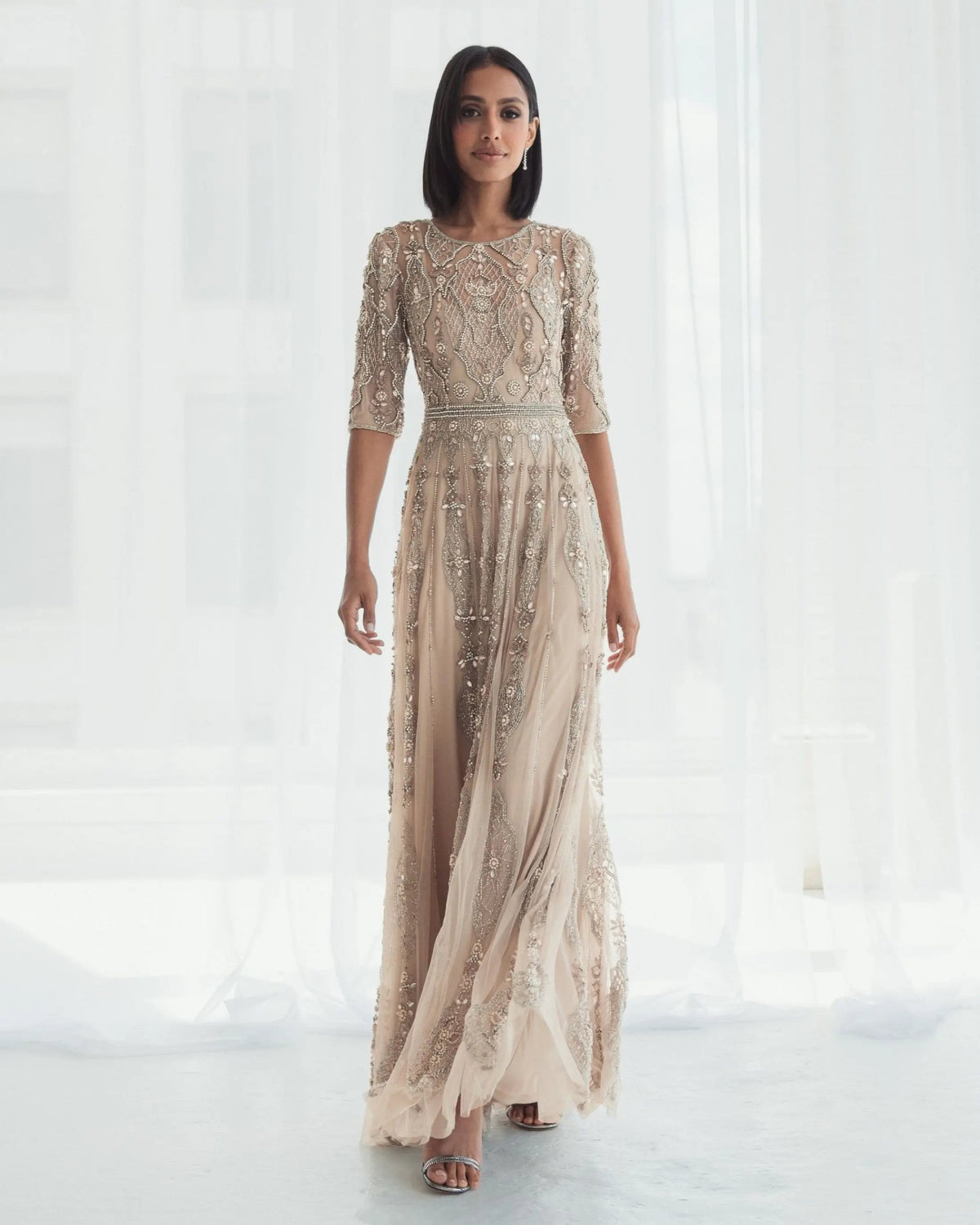 Mac Duggal Beige 3/4 Sleeve Embellished A-line Gown