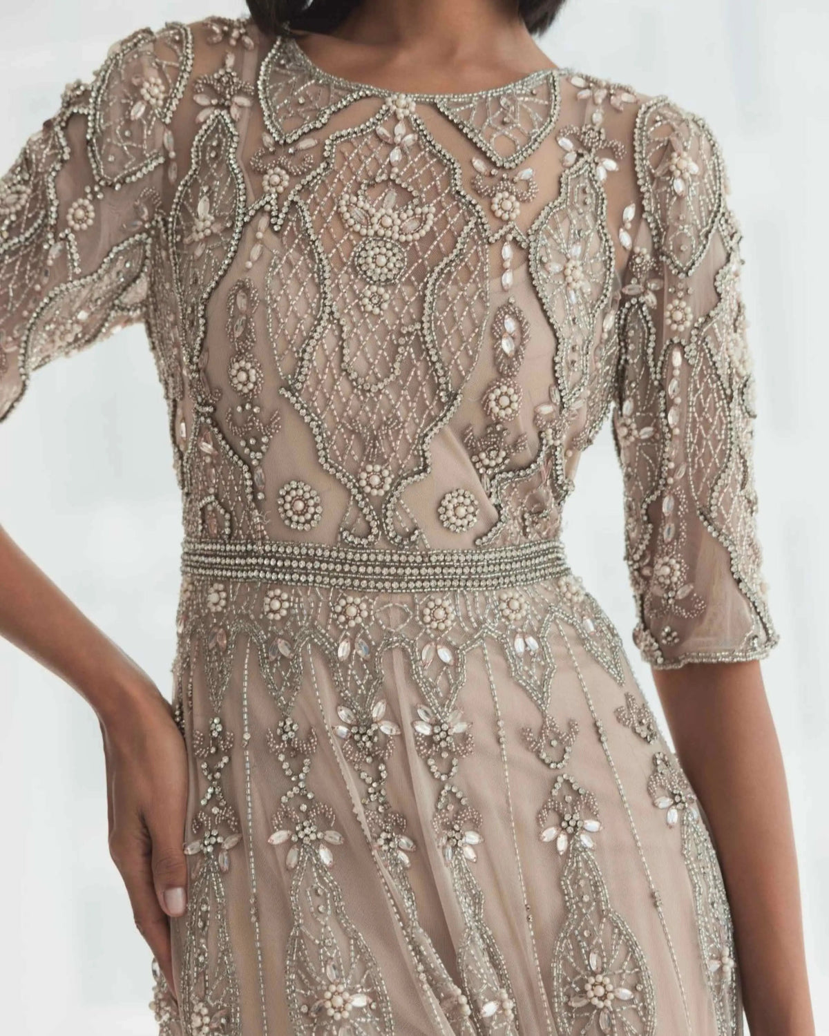 Mac Duggal Beige 3/4 Sleeve Embellished A-line Gown