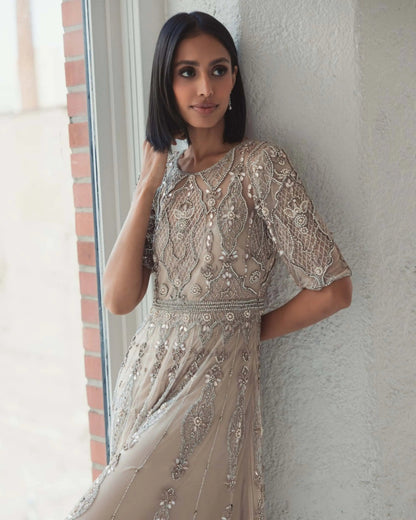 Mac Duggal Beige 3/4 Sleeve Embellished A-line Gown