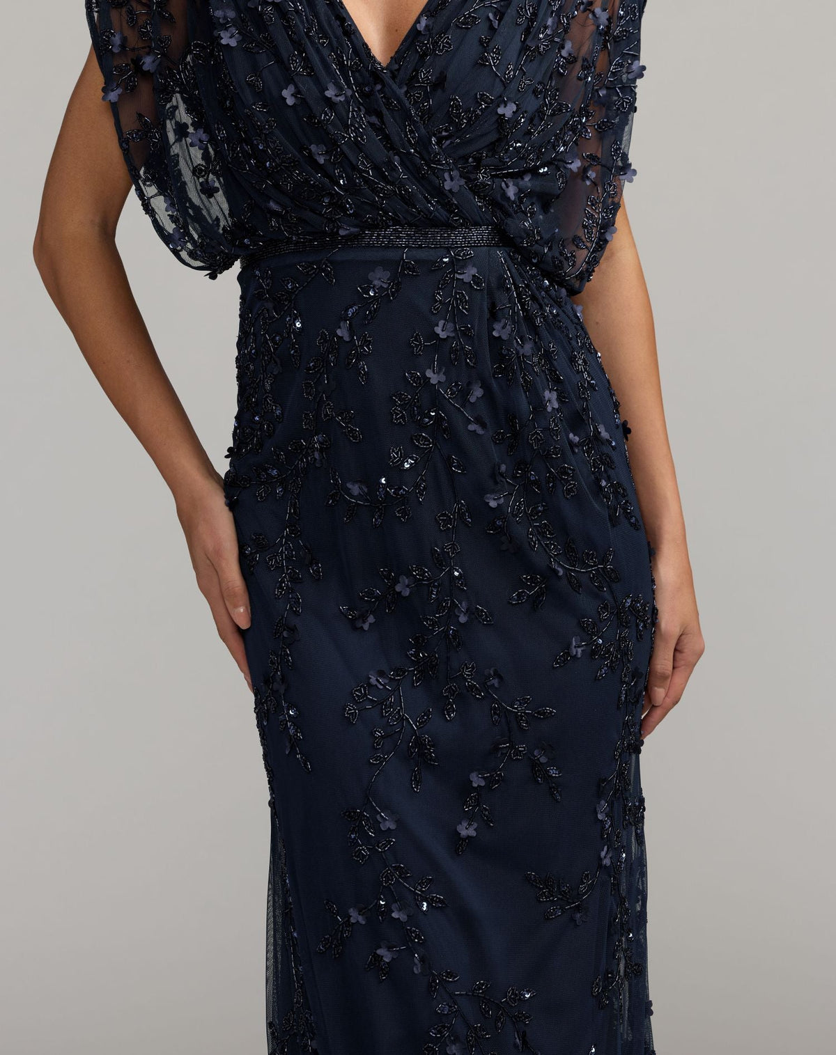 Mac Duggal Navy Beaded V-Neck Short Sleeve Blouson Gown