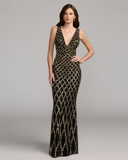 Mac Duggal Black Gold Sequin Embellished Sleeveless Column Gown