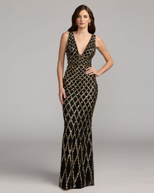 Mac Duggal Black Gold Sequin Embellished Sleeveless Column Gown