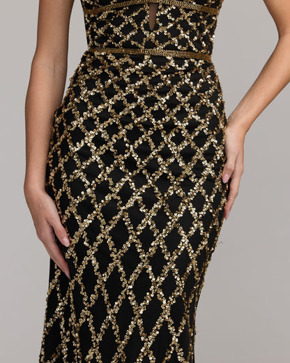 Mac Duggal Black Gold Sequin Embellished Sleeveless Column Gown
