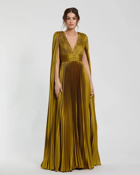 Mac Duggal Green Pleated Charmeuse V Neck Gown With Cape
