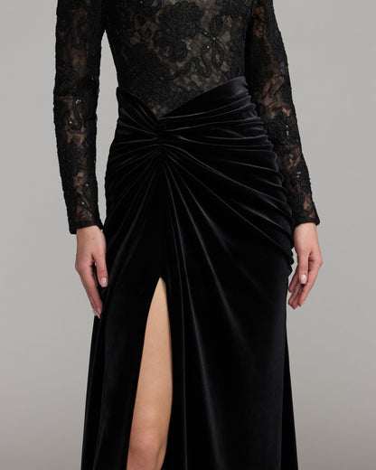 Mac Duggal Black Embroidered Lace Velvet Long Sleeve Gown