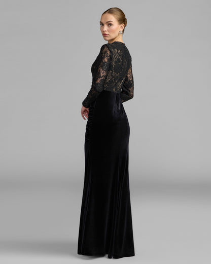 Mac Duggal Black Embroidered Lace Velvet Long Sleeve Gown