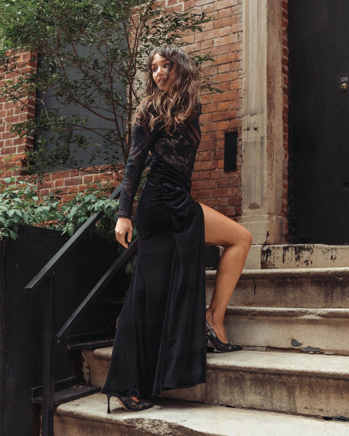 Mac Duggal Black Embroidered Lace Velvet Long Sleeve Gown