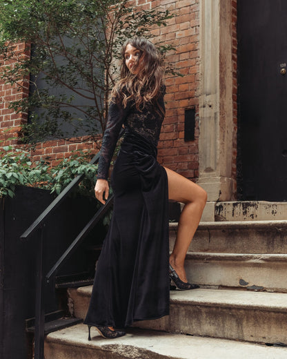 Mac Duggal Black Embroidered Lace Velvet Long Sleeve Gown