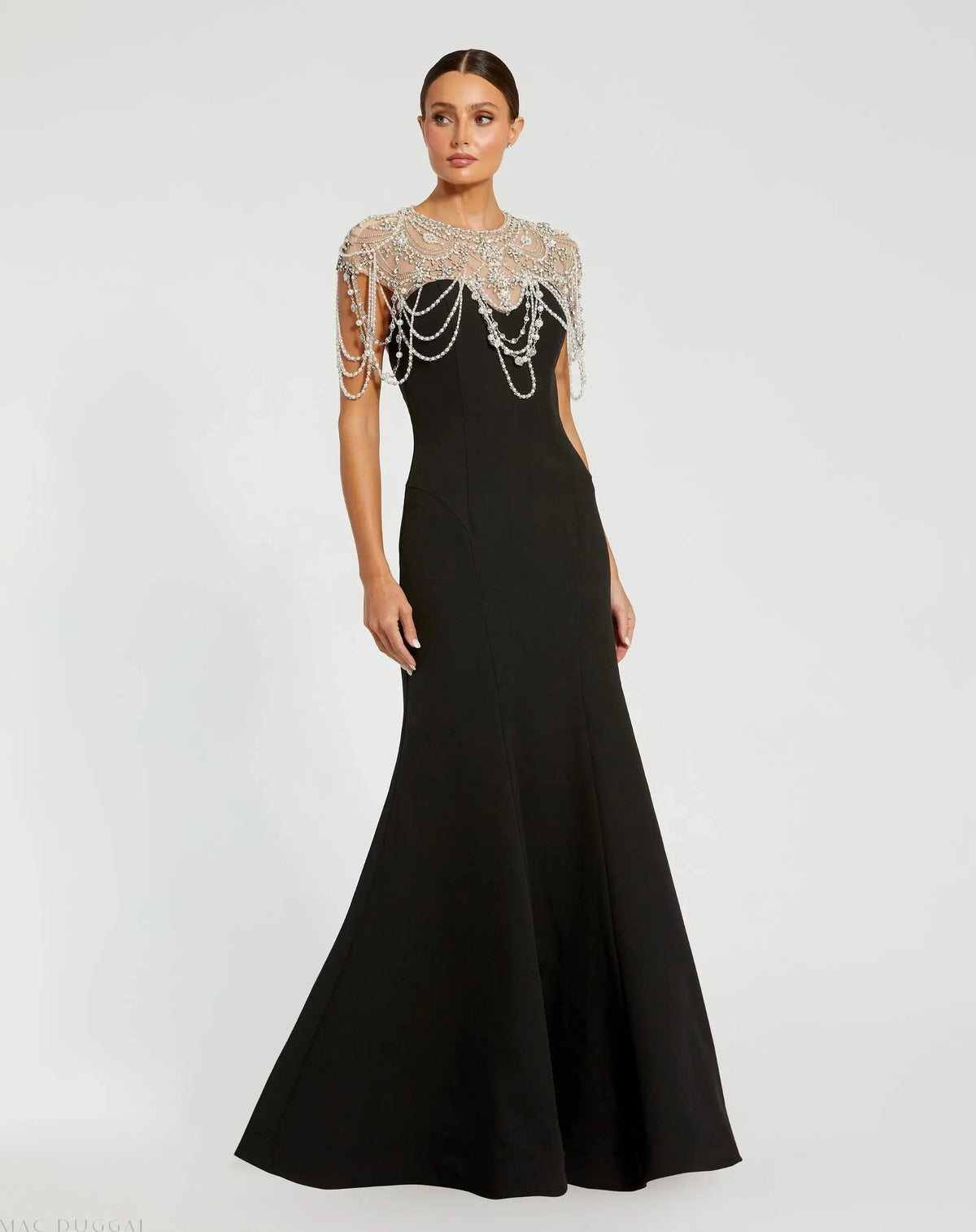 Mac Duggal Black Draped Pearl Beaded Mermaid Gown