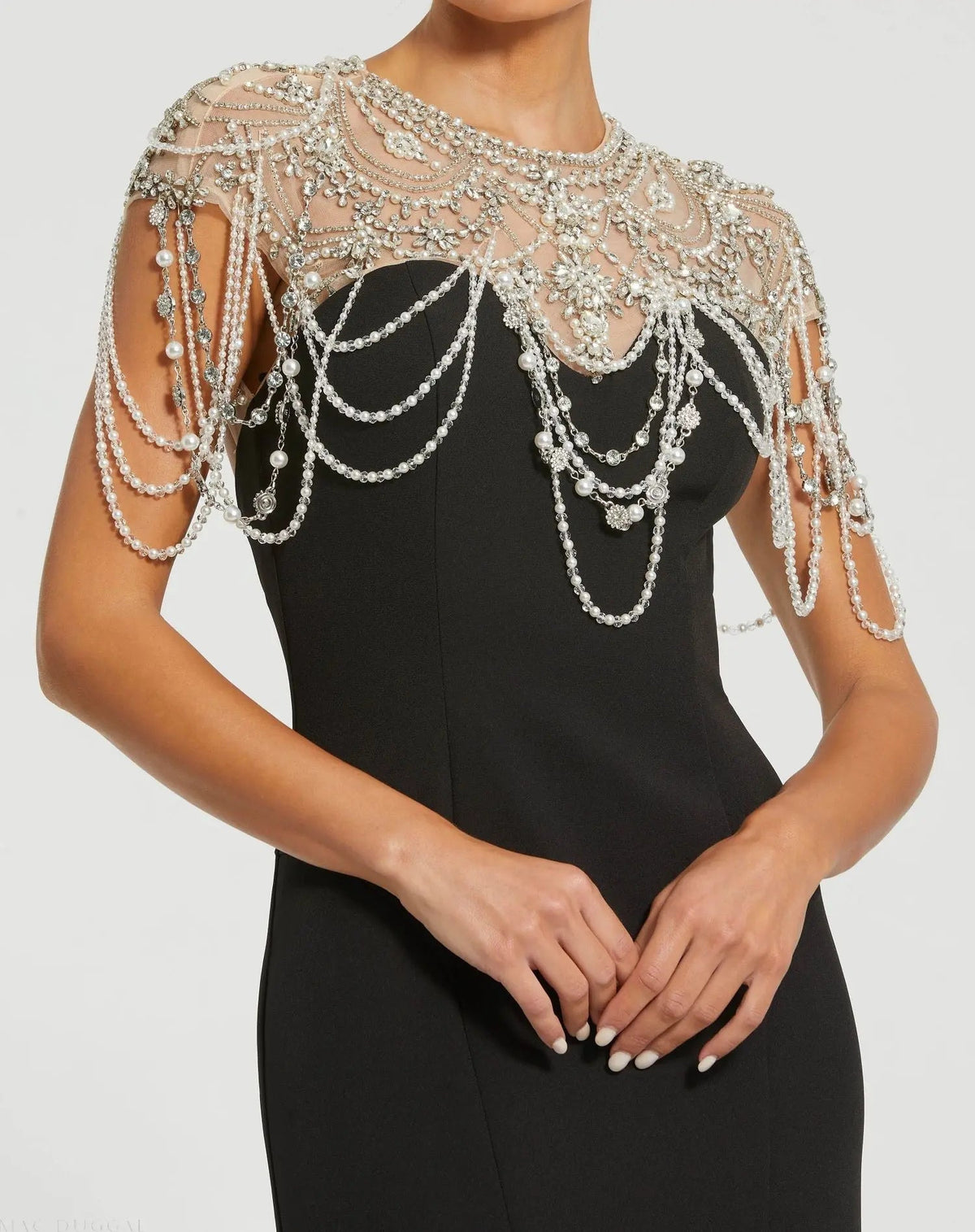 Mac Duggal Black Draped Pearl Beaded Mermaid Gown