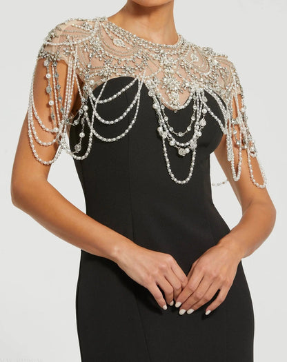 Mac Duggal Black Draped Pearl Beaded Mermaid Gown