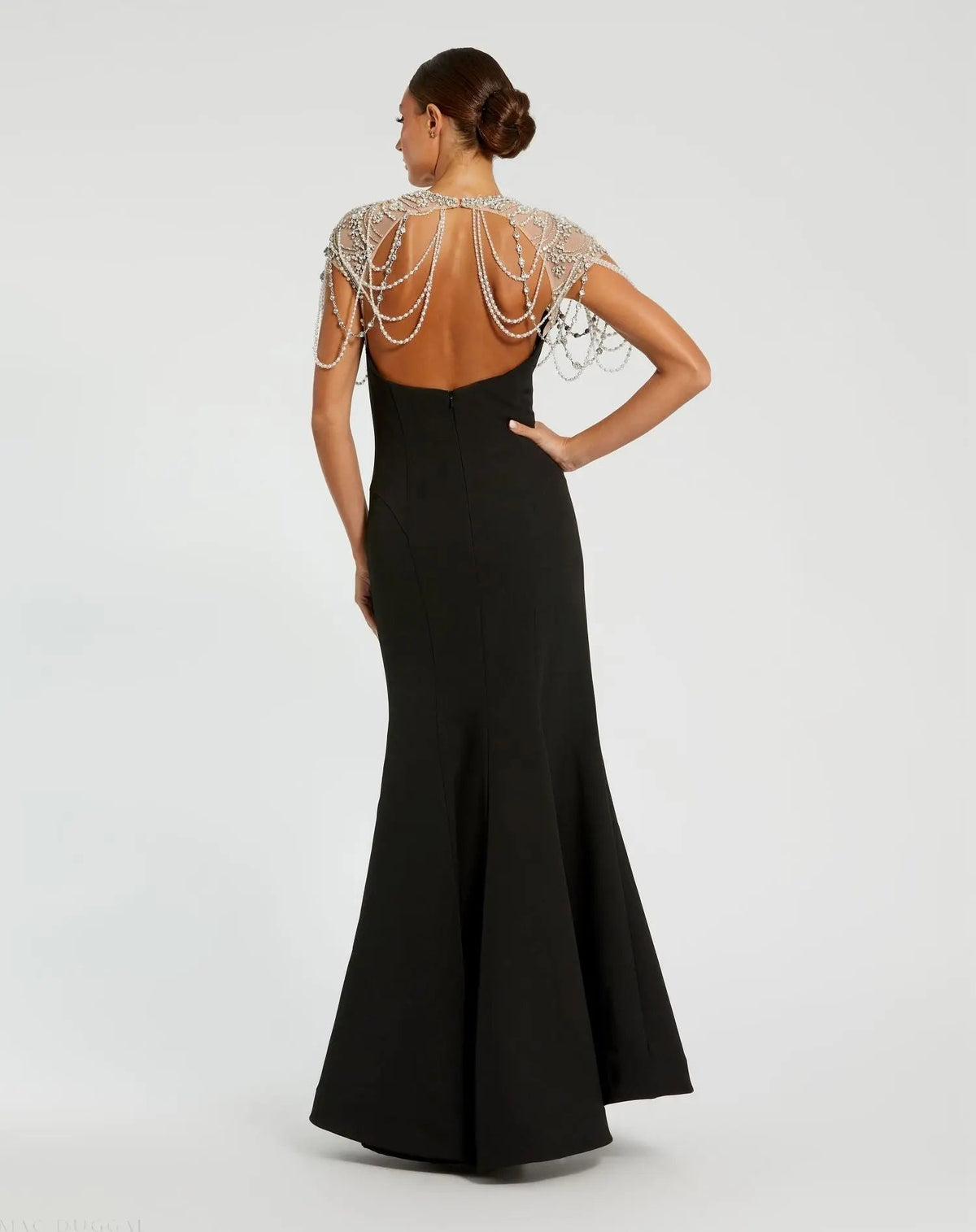 Mac Duggal Black Draped Pearl Beaded Mermaid Gown