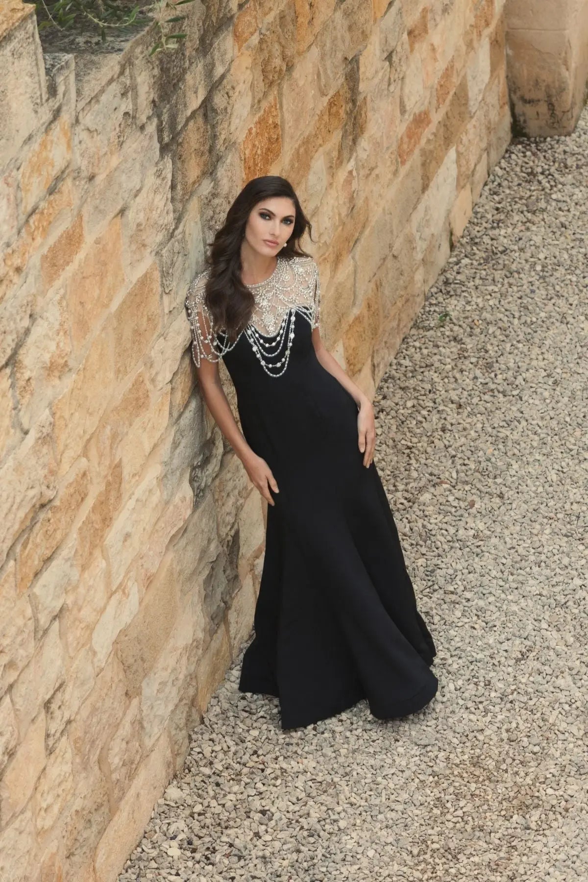 Mac Duggal Black Draped Pearl Beaded Mermaid Gown