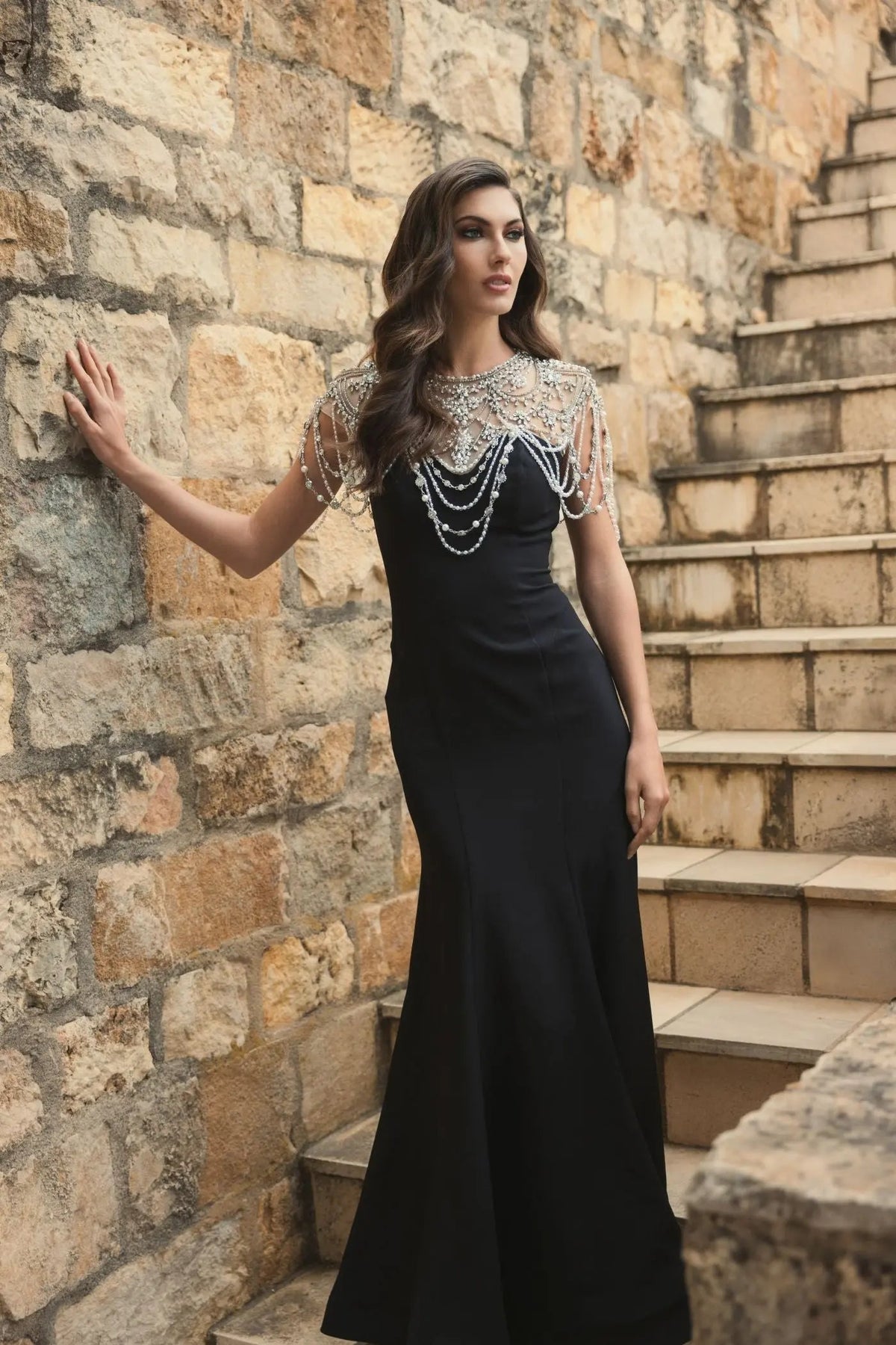 Mac Duggal Black Draped Pearl Beaded Mermaid Gown