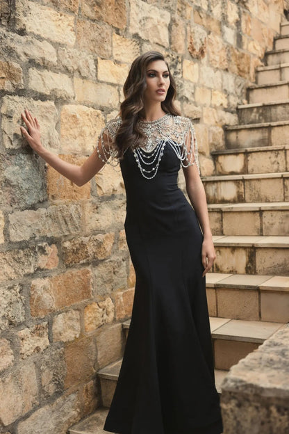 Mac Duggal Black Draped Pearl Beaded Mermaid Gown