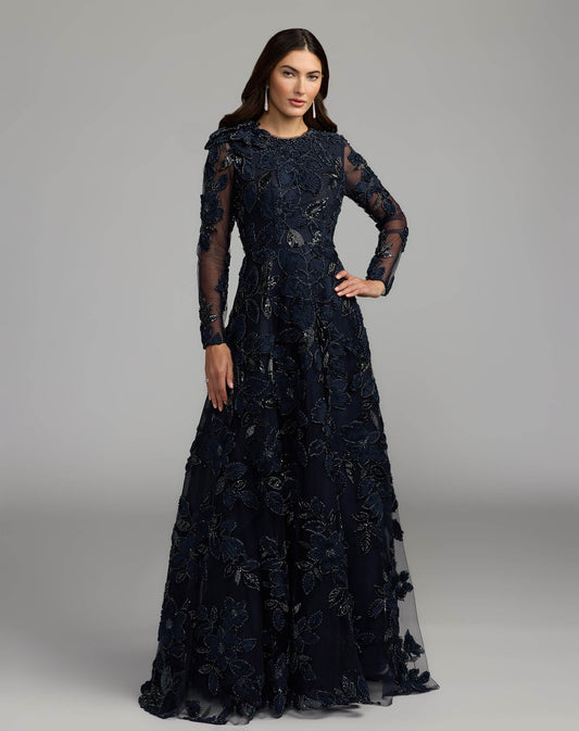 Mac Duggal Navy Floral Embellished Long Sleeve Gown