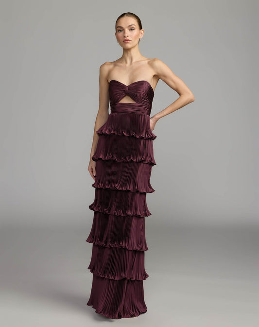 Mac Duggal Purple Strapless Pleated Charmeuse Tiered Ruffle Gown