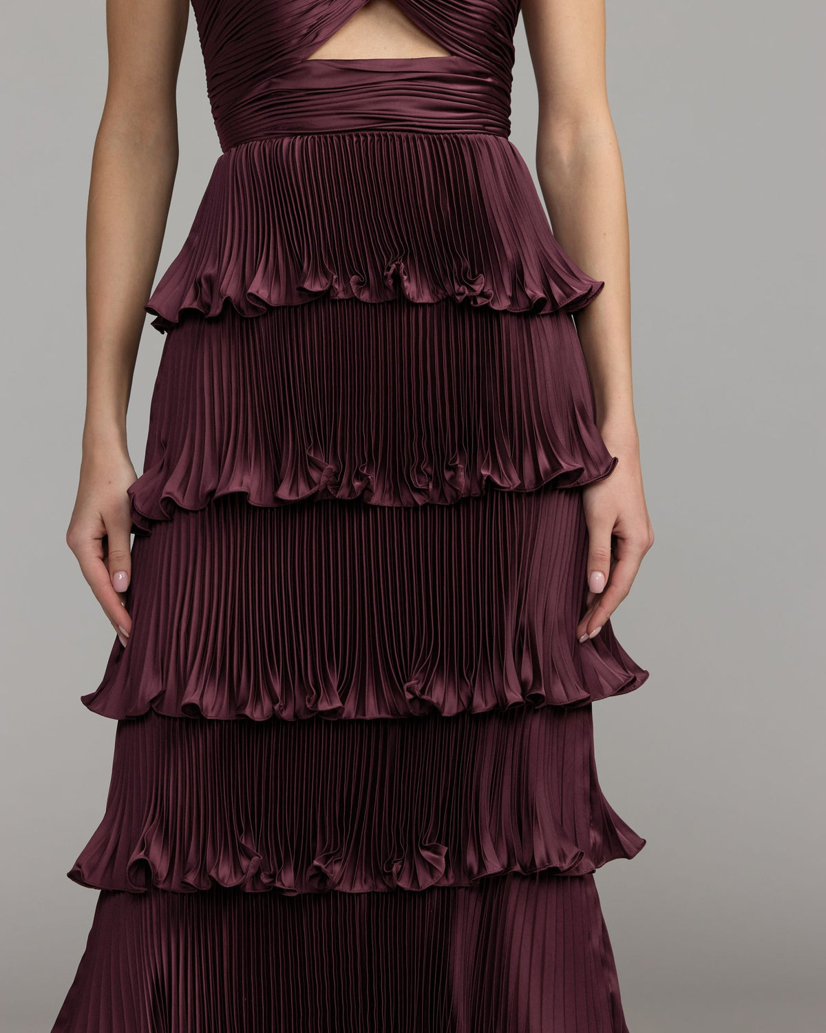 Mac Duggal Purple Strapless Pleated Charmeuse Tiered Ruffle Gown