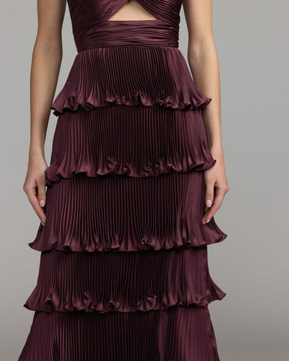 Mac Duggal Purple Strapless Pleated Charmeuse Tiered Ruffle Gown