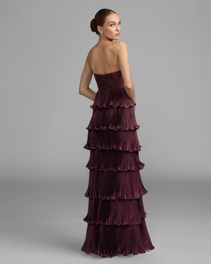 Mac Duggal Purple Strapless Pleated Charmeuse Tiered Ruffle Gown