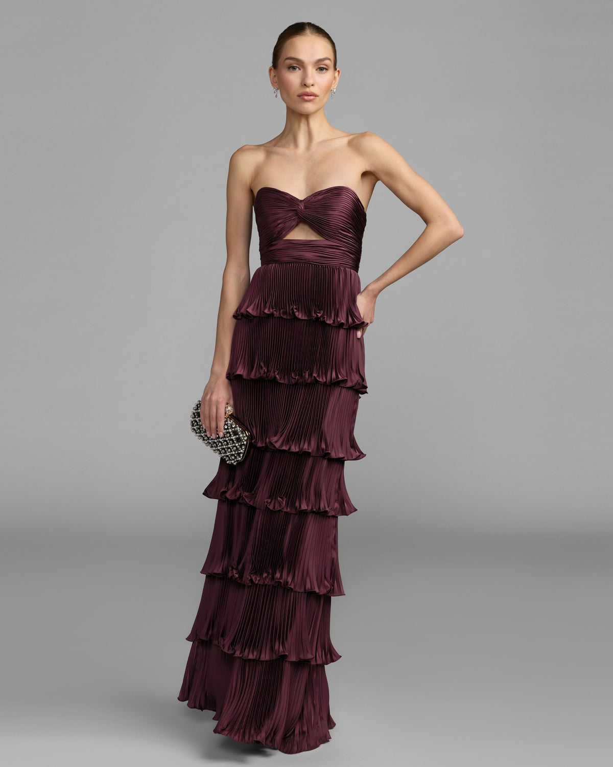 Mac Duggal Purple Strapless Pleated Charmeuse Tiered Ruffle Gown