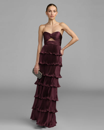 Mac Duggal Purple Strapless Pleated Charmeuse Tiered Ruffle Gown