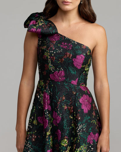 Mac Duggal Black One Shoulder Brocade Floral Gown With Bow