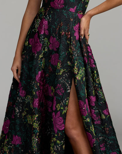 Mac Duggal Black One Shoulder Brocade Floral Gown With Bow