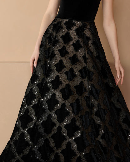 Mac Duggal Black Strapless Velvet Bodice Embellished Ball Gown