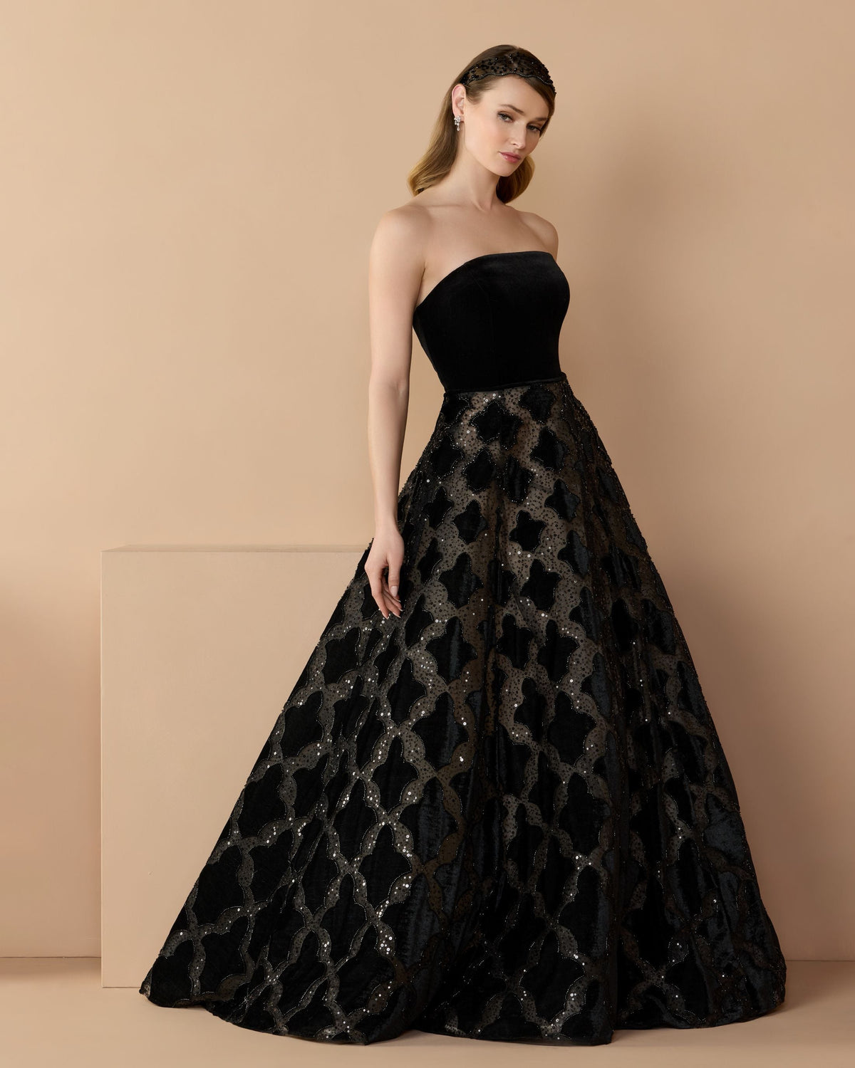 Mac Duggal Black Strapless Velvet Bodice Embellished Ball Gown