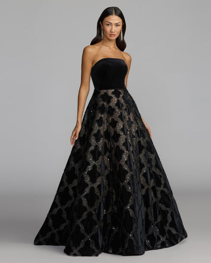 Mac Duggal Black Strapless Velvet Bodice Embellished Ball Gown