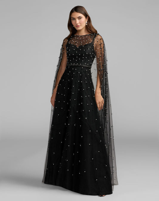 Mac Duggal Black Pearl Embellished Tulle A-Line Gown With Cape
