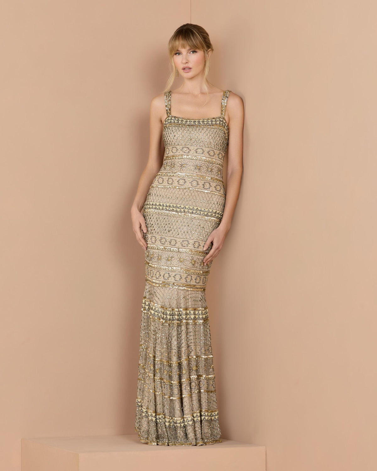 Mac Duggal Gold Sleeveless Square Neck Beaded Gown