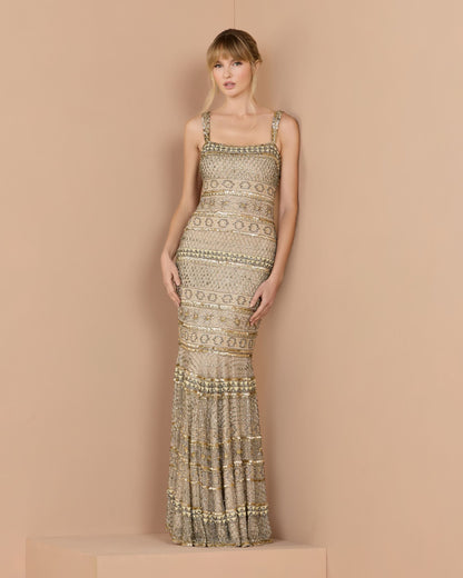Mac Duggal Gold Sleeveless Square Neck Beaded Gown