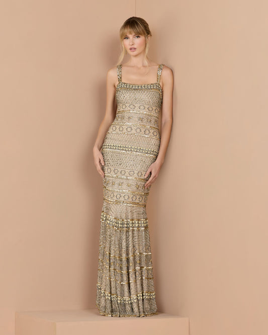 Mac Duggal Gold Sleeveless Square Neck Beaded Gown