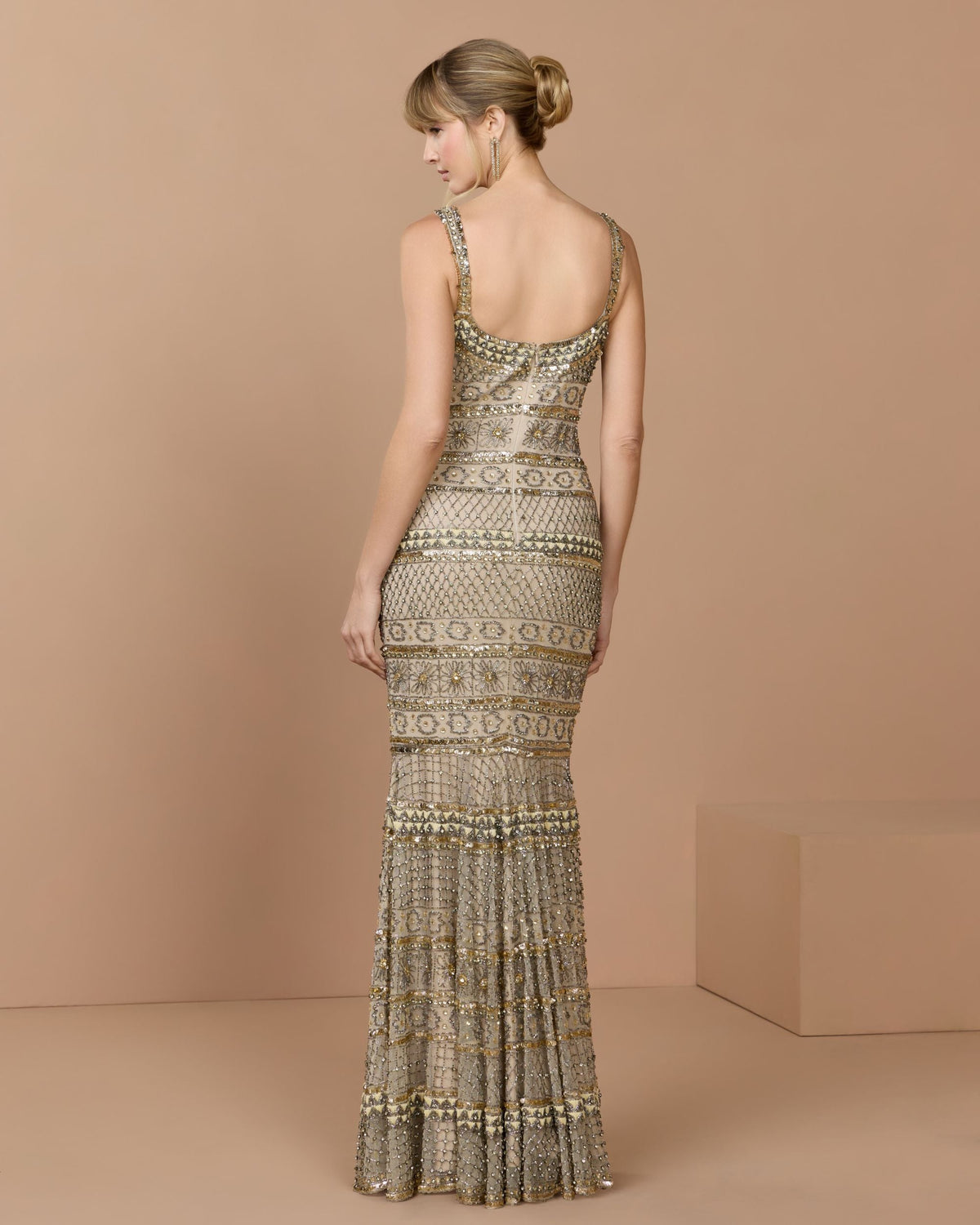Mac Duggal Gold Sleeveless Square Neck Beaded Gown