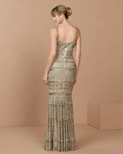 Mac Duggal Gold Sleeveless Square Neck Beaded Gown