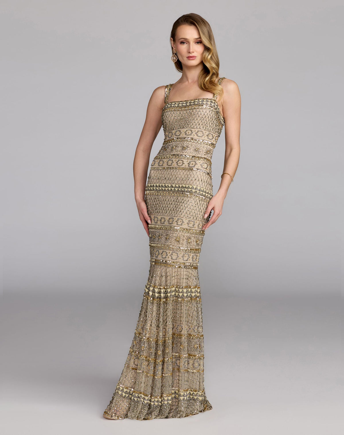 Mac Duggal Gold Sleeveless Square Neck Beaded Gown