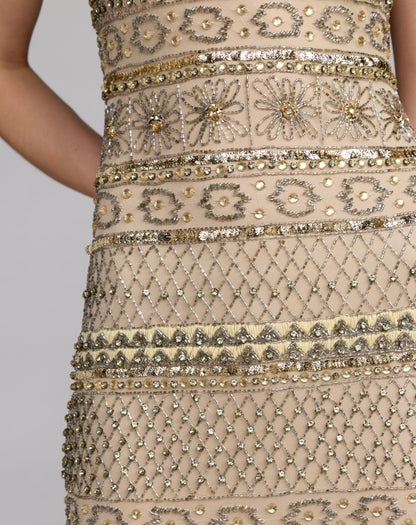 Mac Duggal Gold Sleeveless Square Neck Beaded Gown