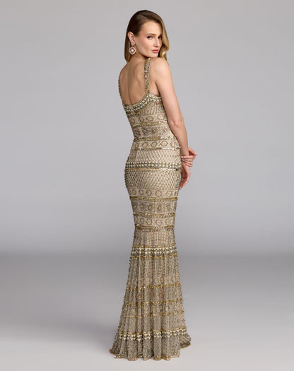 Mac Duggal Gold Sleeveless Square Neck Beaded Gown