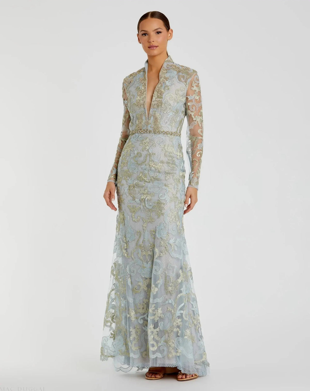 Mac Duggal Blue Queen Anne Lace Long Sleeve V-Neck Trumpet Gown
